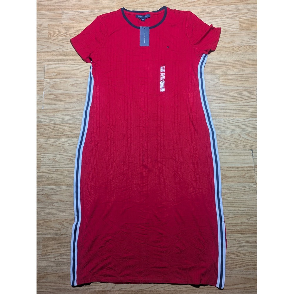 Tommy Hilfiger Womens Casual Ribbed Knit Maxi Dress Side Stripe Red XL